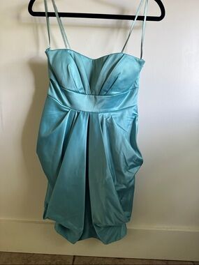 Max & Cleo Aqua Satin Mini Dress with Pleated Skirt
